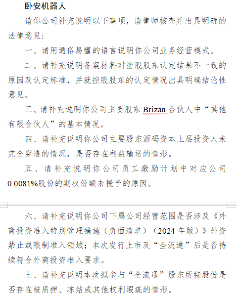 星速优配 卧安机器人港股上市收到证监会反馈意见：需说明备案材料对控股股东认定结果不一致的原因及认定标准